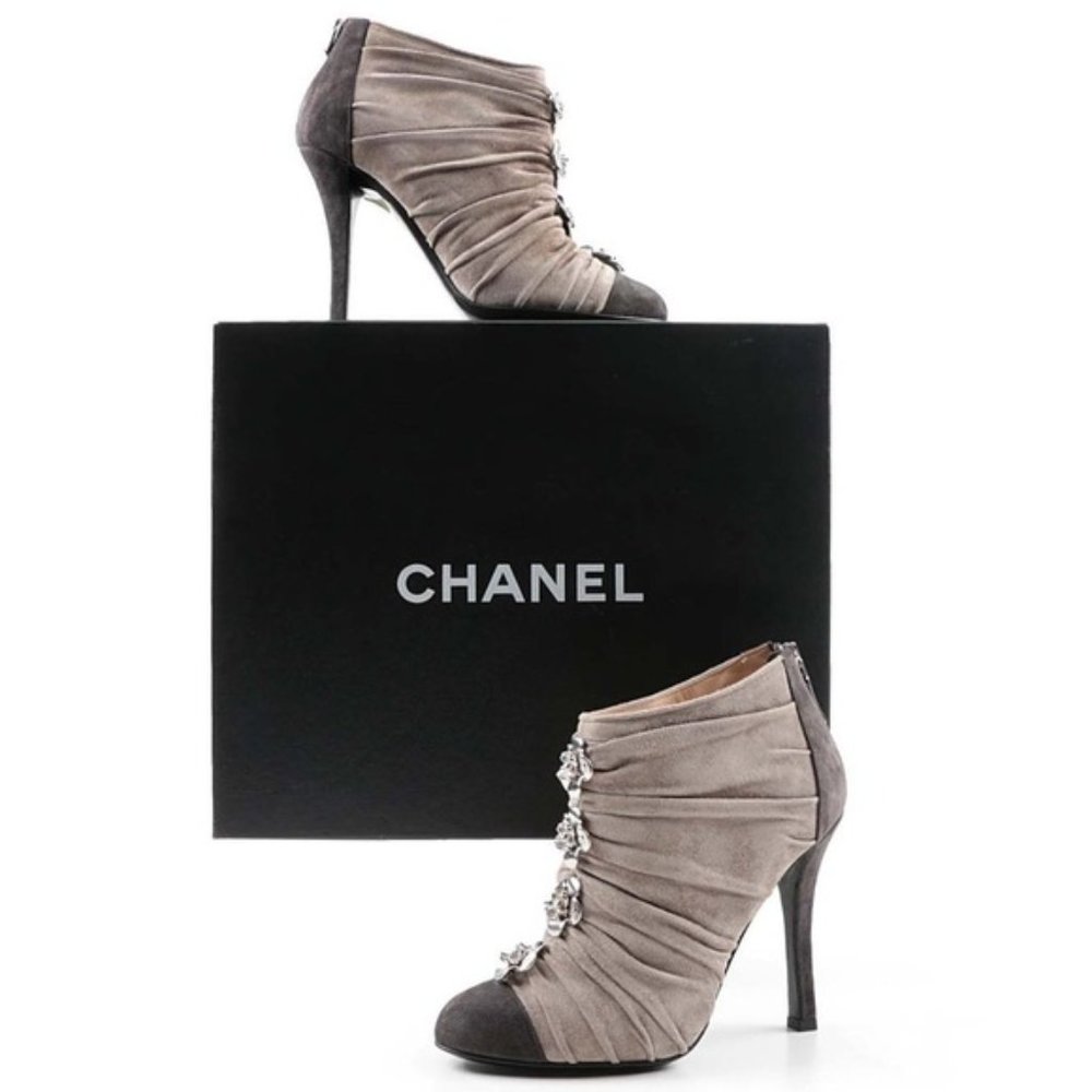 [SOLD] Chanel Grey Two Tone Suede Ruched Camellia Flower Ankle Boots/Booties